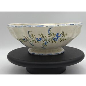 Vintage Italian Hand Painted Floral Ceramic Pedestal Bowl Scalloped 10.5 Inch